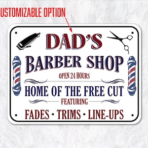 Hand painted aluminum &quot;Dad&#39;s Barber Shop&quot; sign - Perfect for the home & man caves | Traditional Sign Painting | CUSTOMIZABLE