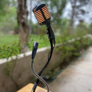 May include: A vintage-style microphone lamp with a black metal base and a flexible gooseneck arm. The microphone has a warm, orange glow and is mounted on a wooden base with a purple pouch.