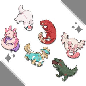 May include: A collection of seven cartoon monster stickers. The stickers feature various colorful creatures, including a red dragon, a green dinosaur, and a pink axolotl. Each sticker has a unique design and expression.