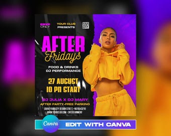 Club DJ Party Flyer Template, Social Media, Canva DIY Event Invite