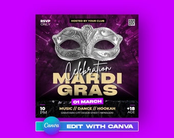 EDITABLE Canva Mardi Gras Flyer Template, Event Flyer, Night Party Flyer, Margi Gras Carnival, Social Media Flyer Design, Celebration Night