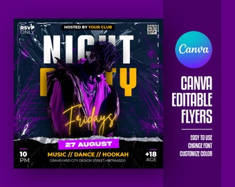 Plantilla de volante para fiesta de club para Canva, volante de evento DIY, volante de fiesta, invitación a fiesta de DJ de club para redes sociales, Instagram, Facebook