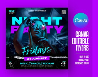 EDITABLE Canva, DJ Flyer Template, Night Club Party Flyer, Party Invite Flyer, DJ Disco Flyer, Birthday Bash Flyer, Social Media