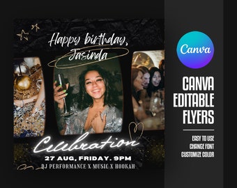 EDITABLE Canva Birthday Flyer Template, Night Party Flyer , Luxury Party Flyer, Birthday Celebration, Ladies Night Party, Gold Canva Flyer