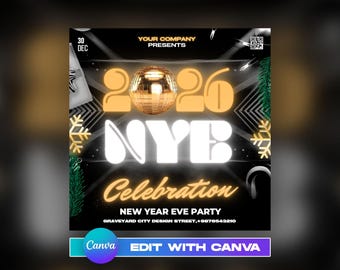 New Year Eve Flyer, Holiday Flyer, Christmas Flyer, Editable Christmas Flyer, Instant Download, Social Media Template, Gift Card Design