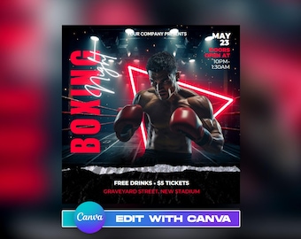 編集可能なボクシングナイトフライヤーテンプレート：スポーツイベントデザイン（CANVA）