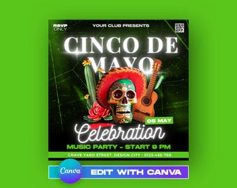 Cinco de Mayo Flyer Template | Editable Party Invitation | Mexican Fiesta Canva Design | Event Poster