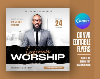 May include: A black and white flyer with a torn edge design. The flyer advertises a church conference on January 24th, featuring guest speaker Ramires Smith. The text "Conference Worship" is in large, bold letters. The flyer also includes the website "www.yourchurch.com" and the text "Free Parking | $10 Ticket".
