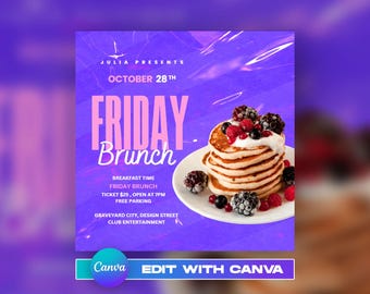 May include: A promotional graphic for a Friday Brunch event. The image features a stack of pancakes topped with berries and cream on a white plate. The text includes "Friday Brunch" and event details against a purple background.