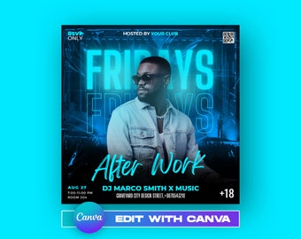 Plantilla de volante para fiesta de club para Canva, volante de evento DIY, volante de fiesta, invitación a fiesta de DJ de club para redes sociales, Instagram, Facebook