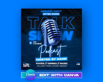 CANVA Podcast Flyer, Event Flyer, Talk Show Template, Party Invite Flyer, DJ Disco Flyer, Social Media Premade Flyer Design, Streaming