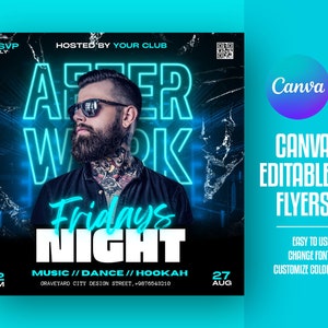 May include: A black and blue flyer with neon blue text that reads "After Work Fridays Night". The flyer advertises a party with music, dancing, and hookah. The flyer also includes the date, time, and location of the event.