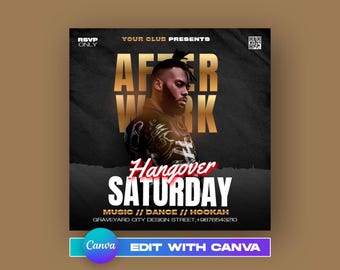 Editable After Work Party Flyer Template, Hangover Saturday, Music Dance Hookah