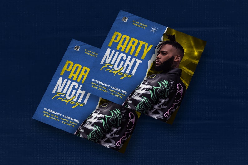 May include: A blue and yellow flyer with the text "Party Night Fridays" and "07 February - Ladies Free" with a photo of a man wearing a black leather jacket with graffiti-style artwork.