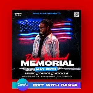 Memorial Day Party Flyer, Memorial Day Weekend Club Flyer, Club Party Flyer, Summer Party Flyer, Adult Nightclub Event Flyer, DIY Canva