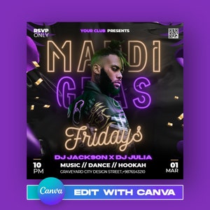 以下が含まれることがあります： 紫と金のマーディグラパーティーのフライヤーで、「Mardi Gras Fridays」と「DJ Jackson x DJ Julia」の文字が書かれています。フライヤーには、「01 MAR」の日付と「10 PM」の時間も記載されています。