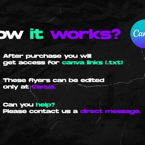 May include: A black and white graphic with green and purple text explaining how to use Canva links. The text reads "How it works? Canva 1. After purchase you will get access for canva links (.txt) 2. These flyers can be edited only at Canva. 3. Can you help? Please contact us a direct message."
