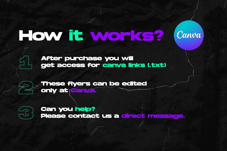 May include: A black and white graphic with green and purple text explaining how to use Canva links. The text reads "How it works? Canva 1. After purchase you will get access for canva links (.txt) 2. These flyers can be edited only at Canva. 3. Can you help? Please contact us a direct message."