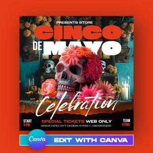 CANVA bewerkbare Cinco De Mayo-flyersjabloon, Fiesta-evenementflyer, Night Party-flyer, Latin Carnival, Mexico sociale media premade flyerontwerp