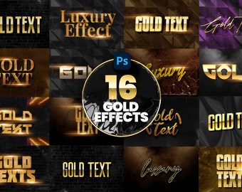 May include: A collection of 16 gold text effects for Photoshop. The effects include various styles, such as 3D, embossed, and glowing. The text "GOLD EFFECTS" is displayed in a large circle with a gold border.