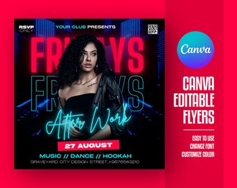 Plantilla de volante para fiesta de club para Canva, volante de evento DIY, volante de fiesta, invitación a fiesta de DJ de club para redes sociales, Instagram, Facebook