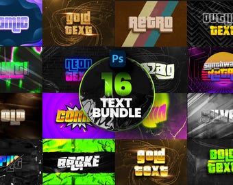 May include: A digital graphic design bundle featuring 16 text styles, including "Comic," "Gold Text," and "Retro." The text styles are displayed with various effects and colors, such as neon, silver, and bold, with a Photoshop logo.