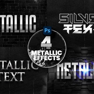 Puede incluir: Cuatro efectos de texto metálico diferentes en Photoshop. Los efectos de texto incluyen un efecto de texto plateado, un efecto de texto cromado, un efecto de texto de metal cepillado y un efecto de texto de metal negro.