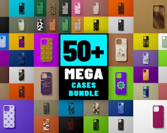 May include: A collection of over 50 phone cases with various designs and patterns. The cases are arranged in a grid on a colorful background. The text "50+ MEGA CASES BUNDLE" is displayed in the center of the image.