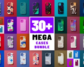 May include: A collection of 30+ phone cases with various abstract and geometric designs. The cases are arranged in a grid pattern on a colorful background. The text "30+ MEGA CASES BUNDLE" is displayed in the center of the image.