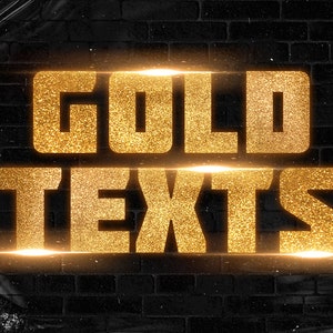 Könnte beinhalten: Goldener Glitzerschriftzug auf schwarzem Backsteinmauer-Hintergrund. Die Worte "GOLD TEXTS" sind in einer goldenen Glitzerschrift mit Leuchteffekt gehalten. Der Hintergrund ist eine dunkle, strukturierte Backsteinmauer.