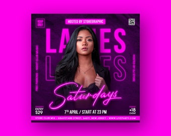 Ladies Night Club Flyer Template, Saturday Event (4x4 inch)