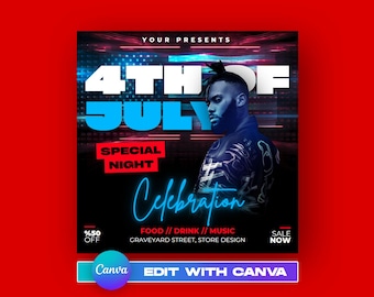 Editable 4th of July Party Flyer Template: Canva DJ Event Invite