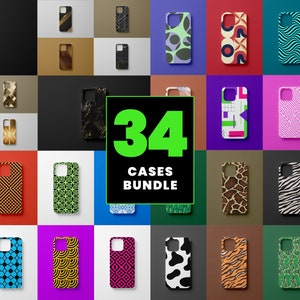 Könnte beinhalten: Eine Sammlung von 34 Handyhüllen mit verschiedenen Mustern und Designs. Die Hüllen sind in einem Raster auf einem schwarzen Hintergrund angeordnet. Der Text "34 Cases Bundle" wird in grünen Buchstaben auf einem schwarzen Hintergrund angezeigt.