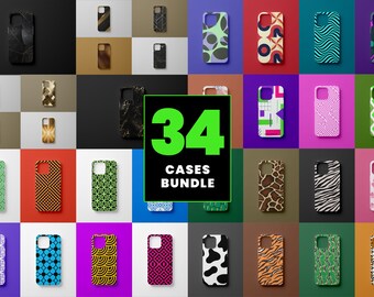 May include: A collection of 34 phone cases with various patterns and designs. The cases are arranged in a grid on a black background. The text "34 Cases Bundle" is displayed in green letters on a black background.