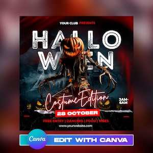 Puede incluir: Un folleto de fiesta de Halloween con una figura de espantapájaros aterradora con una cabeza de calabaza. El folleto dice "Hallo Wen Costume Edition" y "28 de octubre".