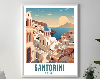 Santorini Travel Poster, Santorini Wall Art, Digital Illustration Download, Home Decoration, Greece Poster Print, European Cities Retro