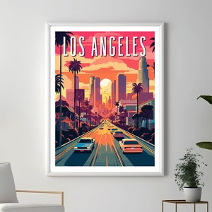 Los Angeles Travel Poster, Los Angeles Wall Art, Digital Illustration Download, LA City Poster Print, Retro Style