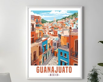 Guanajuato City Poster, Mexico Wall Art, Digital Illustration Download, Guanajuato Cityscape Poster Print, Retro Style