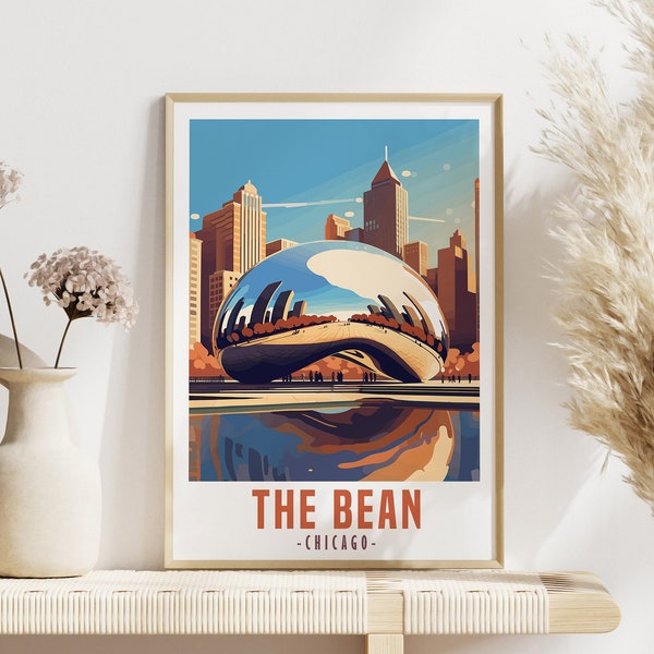 The Bean in Chicago Poster, The Bean Wall Art, Digital Illustration Download, Chicago Cityscape Poster Print, Retro Style