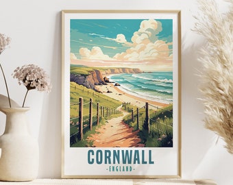 Cornwall Travel Poster, Cornwall Wall Art, Digital Illustration Download, Home Decoration, Cornwall Poster Print, Retro Style