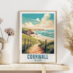 Cartel de viaje de Cornualles, arte de pared de Cornualles, descarga de ilustración digital, decoración del hogar, impresión de carteles de Cornualles, estilo retro