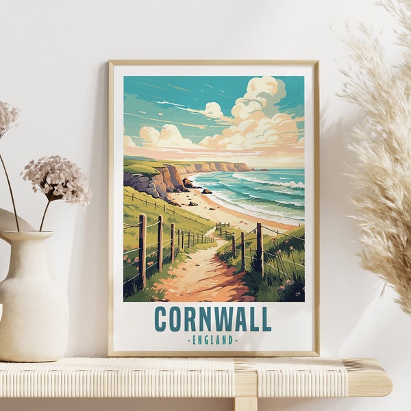 Cornwall Travel Poster, Cornwall Wall Art, Digital Illustration Download, Home Decoration, Cornwall Poster Print, Retro Style