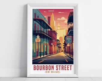 New Orleans Bourbon Street Poster, Bourbon Street Wall Art, Digital Illustration Download Art Print, Retro Style, New Orleans Travel Poster
