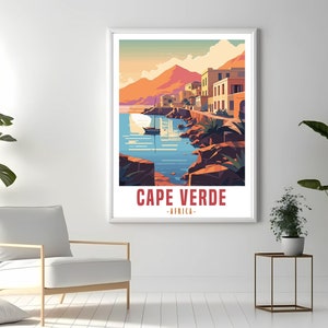 May include: A colorful illustration of a seaside town in Cape Verde, Africa. The image features a small boat in the water, buildings with red roofs, and a mountain in the background.