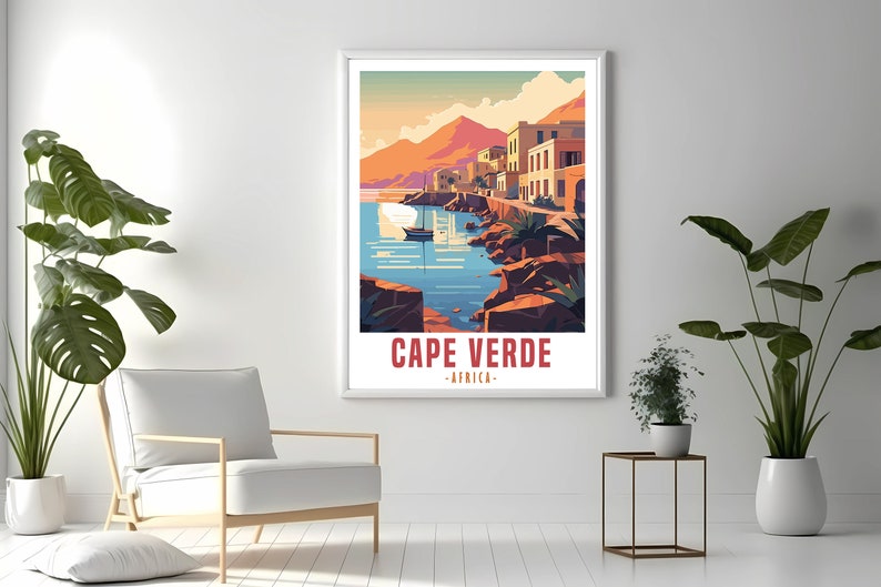 May include: A colorful illustration of a seaside town in Cape Verde, Africa. The image features a small boat in the water, buildings with red roofs, and a mountain in the background.