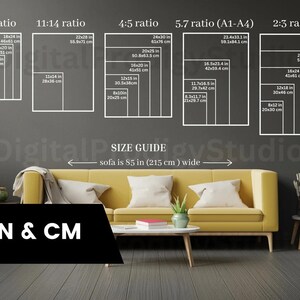 May include: A guide to different print sizes for artwork, with a sofa in the foreground. The guide shows the dimensions in inches and centimeters for various aspect ratios, including 3:4, 11:14, 4:5, 5.7, 2:3, and A1-A4. The text "sofa is 85 in (215 cm) wide" is also included.