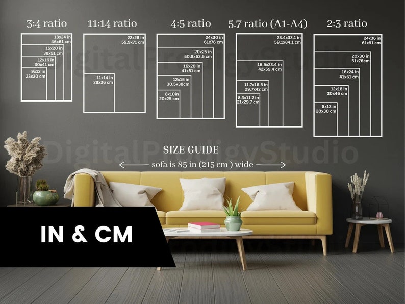 May include: A guide to different print sizes for artwork, with a sofa in the foreground. The guide shows the dimensions in inches and centimeters for various aspect ratios, including 3:4, 11:14, 4:5, 5.7, 2:3, and A1-A4. The text "sofa is 85 in (215 cm) wide" is also included.
