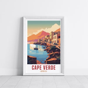 May include: A colorful illustration of a seaside town in Cape Verde, Africa. The image features a small boat in the water, buildings along the shore, and a mountain in the background.