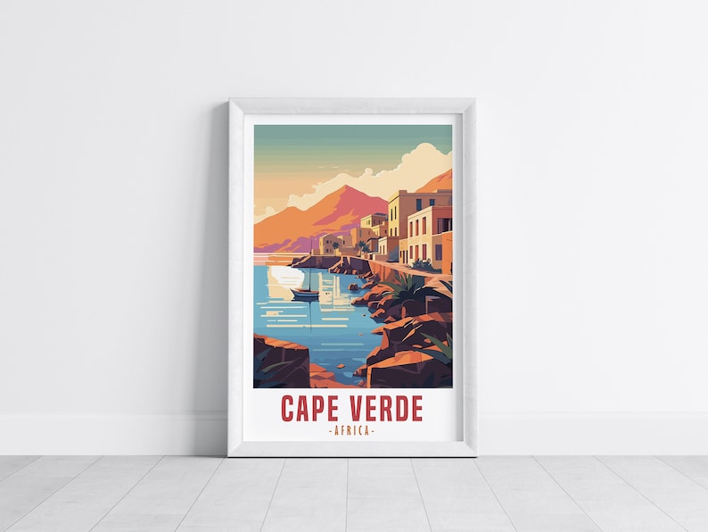 May include: A colorful illustration of a seaside town in Cape Verde, Africa. The image features a small boat in the water, buildings along the shore, and a mountain in the background.