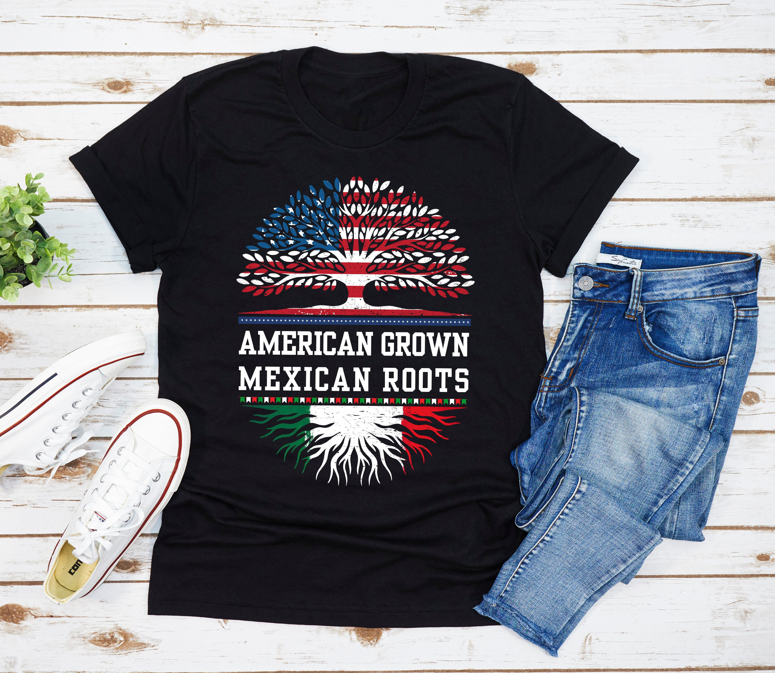 T-shirt American Grown Mexican Roots, drapeau américain, drapeau mexicain, chemise de sang mexicaine, tee mexicano